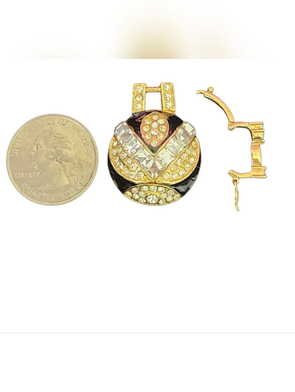 Vintage Crystal Orb Pendant Statement Gold Tone Black Enamel Half-Dome ✨️‎